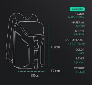 Деловой рюкзак для ноутбука 15.6 дюймов Mark Ryden MR9369 черный схема с характеристиками