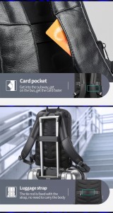 Кожаный тонкий рюкзак Bopai 61-52711 черный кармашек для карт и лямка для крепления на чемодане
