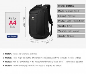 Рюкзак для ноутбука 15,6 Ozuko 9318 черный фото с размерами