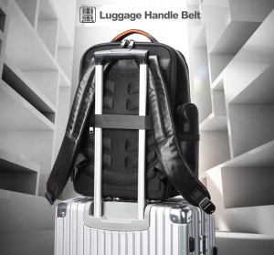 Кожаный деловой рюкзак BOPAI 61-121961 легко фиксируется на чемодане