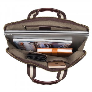 Кожаная сумка для ноутбука 15.6 GEO 6018 коричневая фото основного отделения, заполненного вещами в расстегнутом состоянии