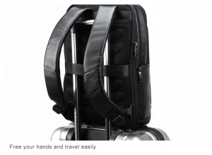 Мужской кожаный рюкзак BOPAI 851-036511 черный благодаря лямке одевается на ручку чемодана
