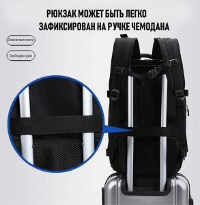 при помощи ленты на спинке рюкзака ozuko 8983s, рюкзак крепится на ручке чемодана